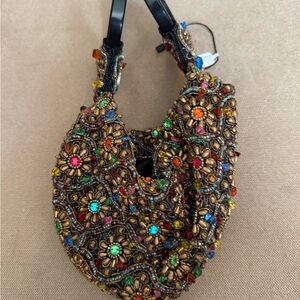 Gold and Red Ornate Shoulder Bag with Intricate Beadwork